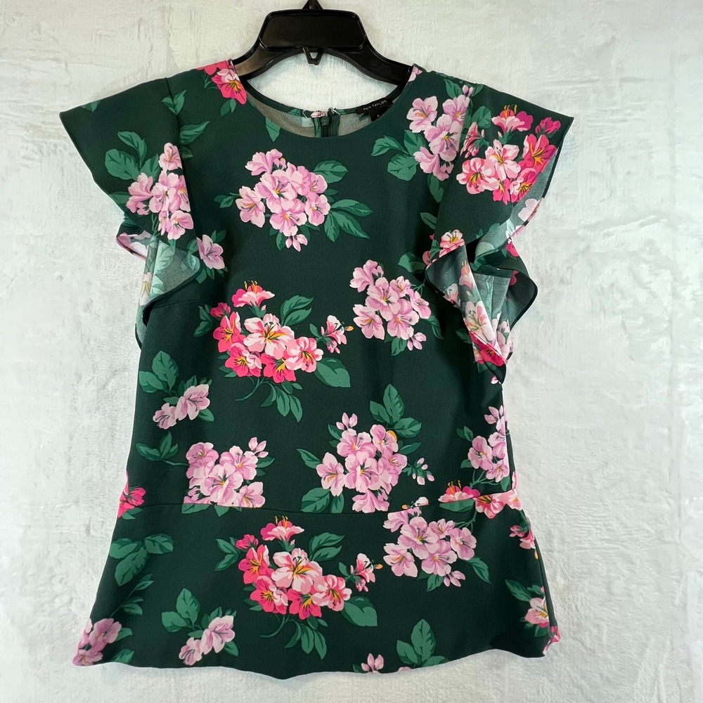 Ann Taylor Floral Blouse Womens Size 0 Green Pink‎ Flutter Sleeve 510257